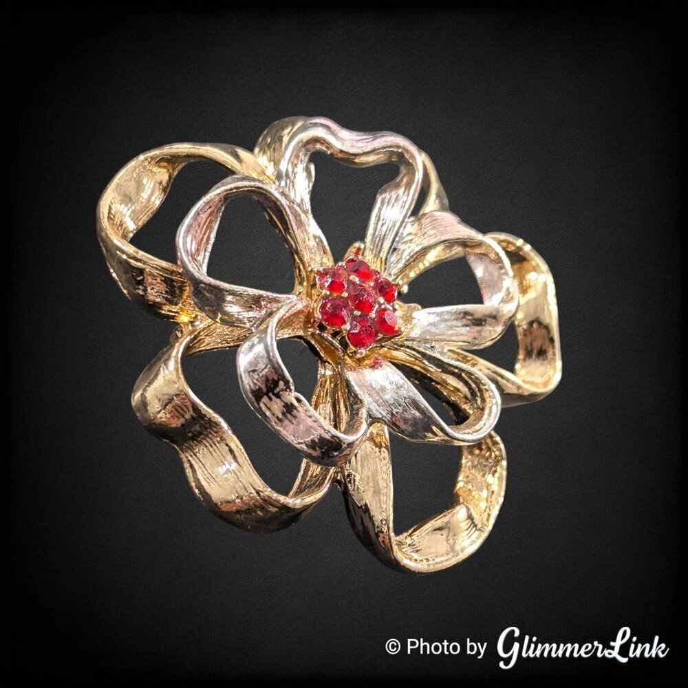 Two-Tone Festive Ribbon Flower Brooch – Red Rhinestones - Picture 2 of 6